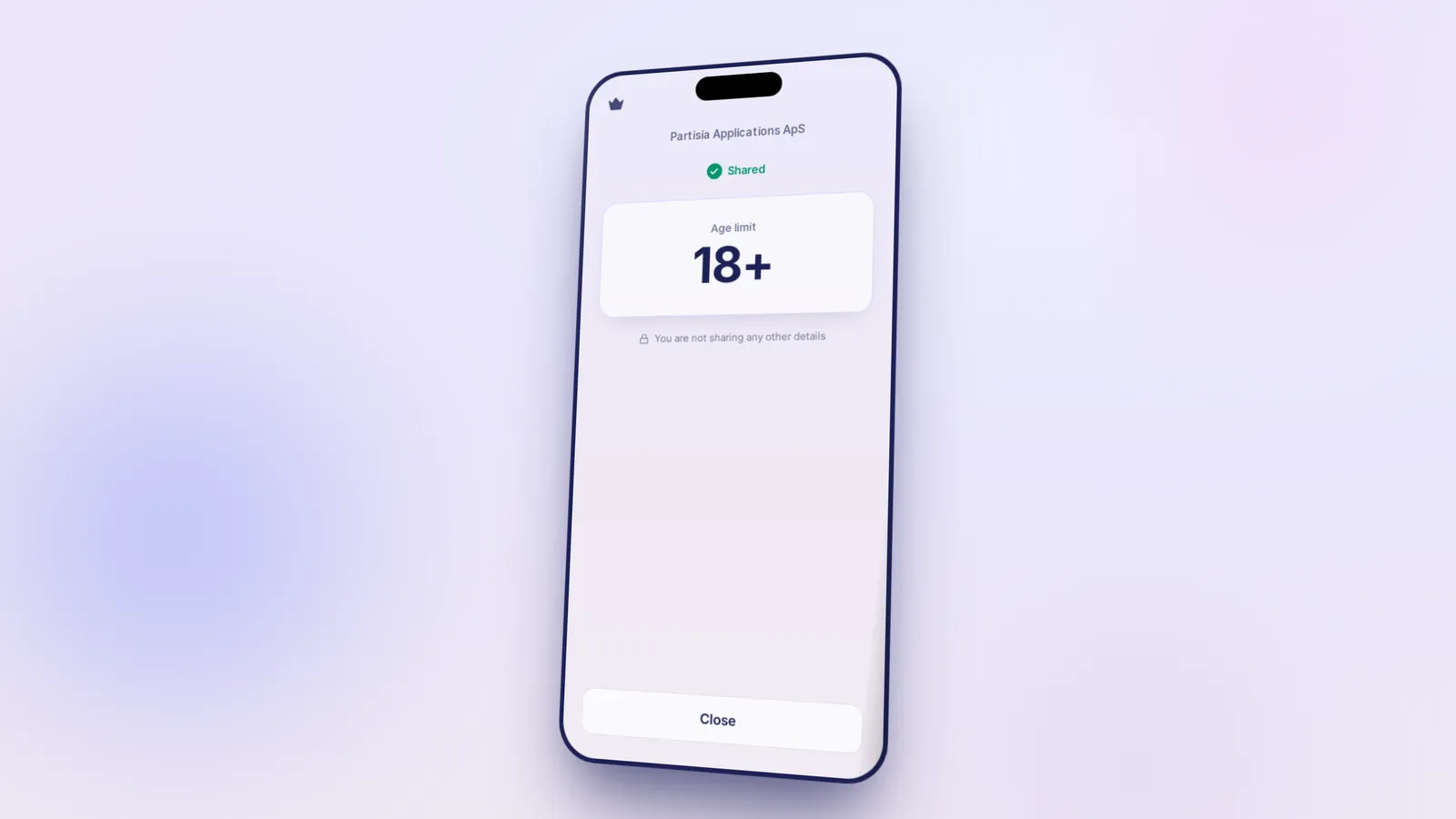 An AltID wallet result screen shared with Partisia Applications: a verified over-18 age proof and nothing else.