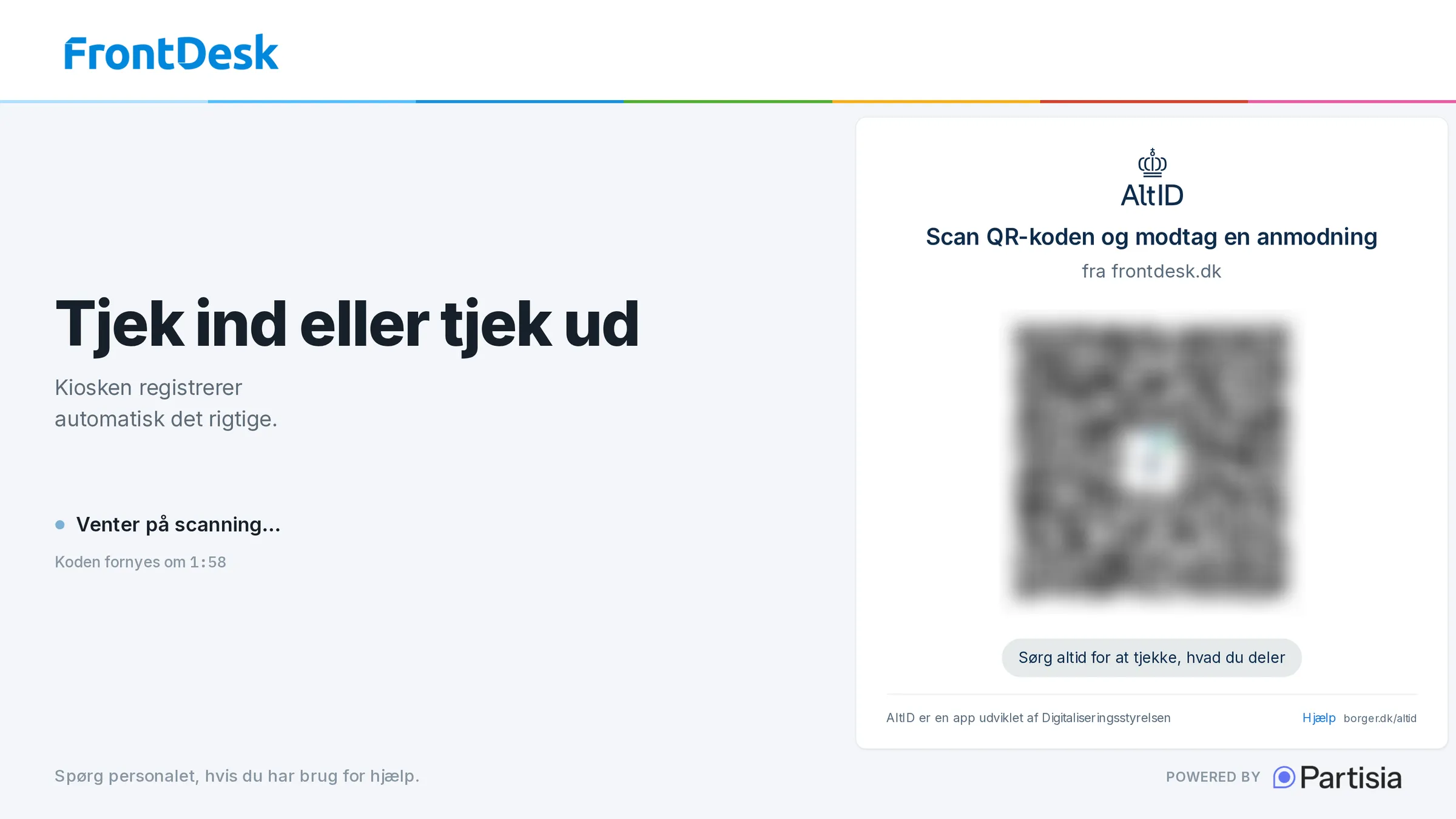 A FrontDesk check-in kiosk asking the citizen to scan a QR code with AltID. The heading reads 'Tjek ind eller tjek ud', the panel is branded AltID and notes that AltID is an app developed by Digitaliseringsstyrelsen, and the footer reads 'powered by Partisia'.