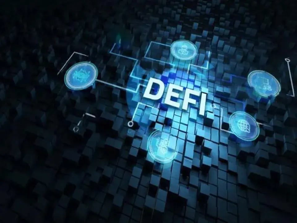 Digital graphic with the word “DeFi” surrounded by blockchain and finance icons, representing decentralized finance and secure blockchain-based transactions.