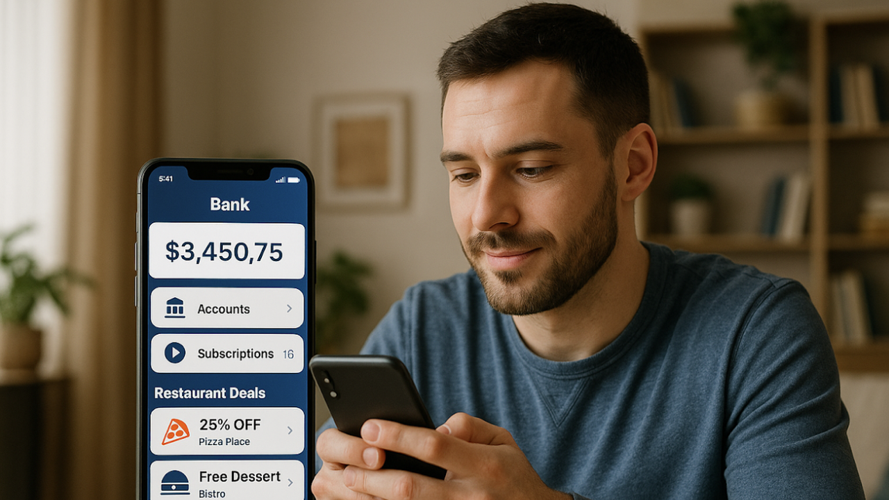 A man sitting indoors looks at his smartphone while a banking app on another phone screen shows his balance, accounts, subscriptions, and restaurant deals.